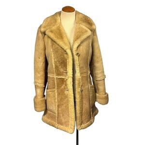 Vintage Shearling Leather Suede Jacket Coat Tan Brown 1970s Sherpa Western Boho
